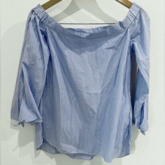 Bardot Preppy Bell Sleeve  Striped Top Feminine Nautical Stretch Blue White - Picture 1 of 7